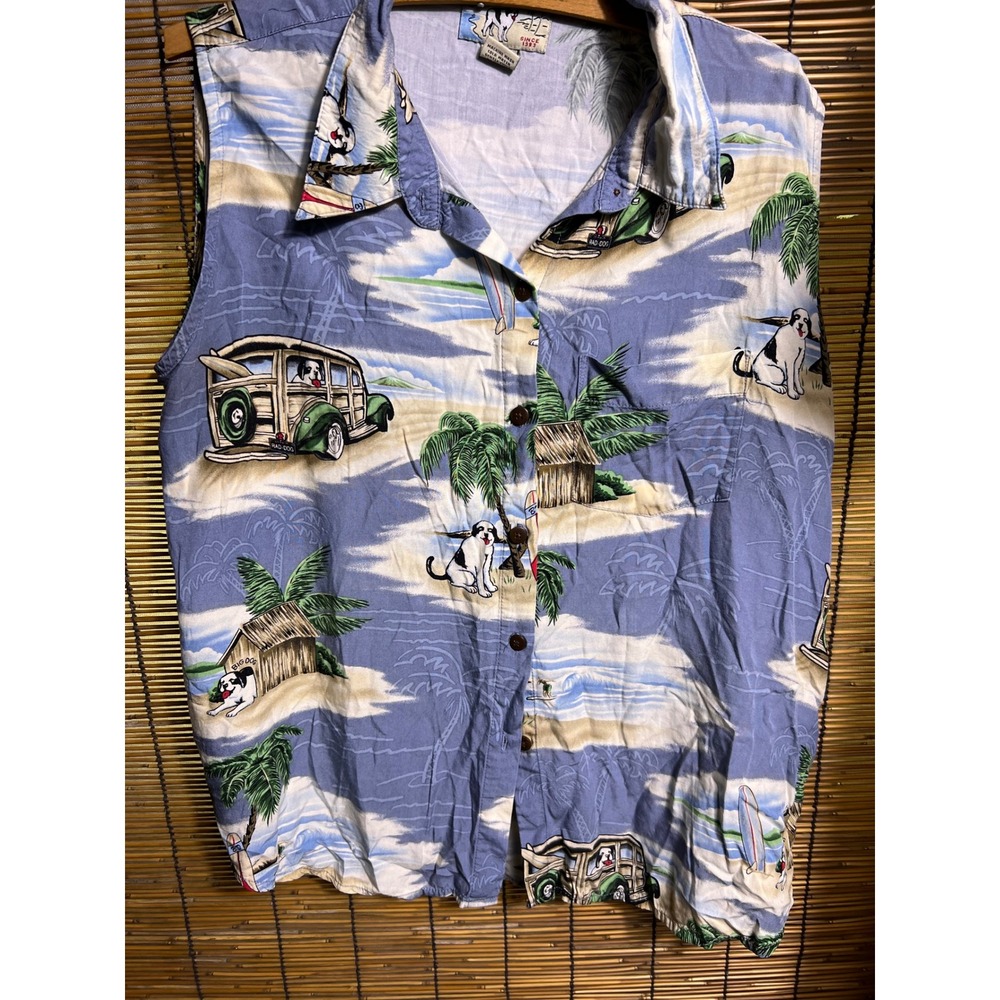 Big Dogs Vintage Sleeveless Tropical Beach Button Down Shirt Blue Rayon XL